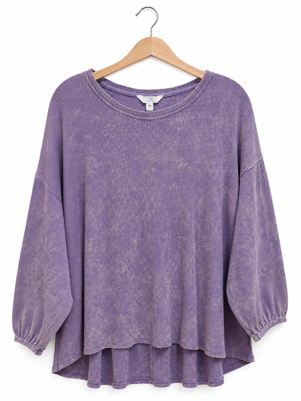 Time & Tru Purple Mineral Wash Waffle Knit Thermal Top XXL 20 Balloon Sleeve NWT